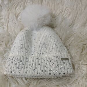Steve Madden Ivory Knit Beanie with Pom and Rhinestones